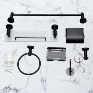 N223B – 7pc- Bathroom Set With 40cm Glass Shelf-black 2 Premium 7-Piece Bathroom Hardware Accessory Set | Matte Black Stainless Steel Wall-Mounted Set with 40cm Floating Glass Shelf