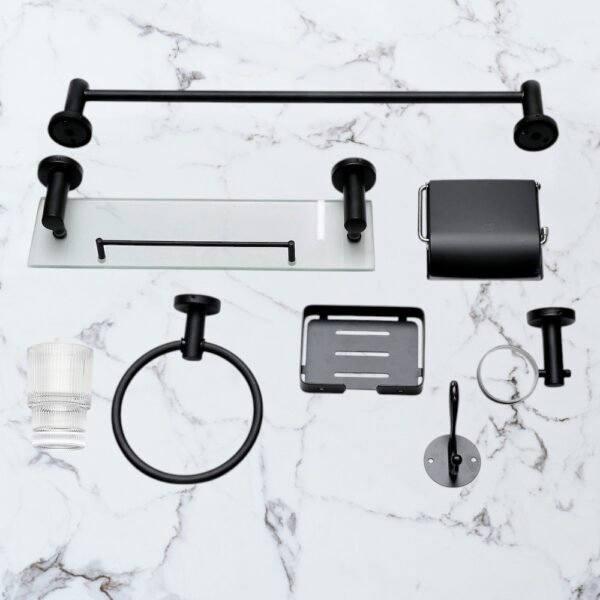 Premium 7-Piece Bathroom Hardware Accessory Set | Matte Black Stainless Steel Wall-Mounted Set with 40cm Floating Glass Shelf