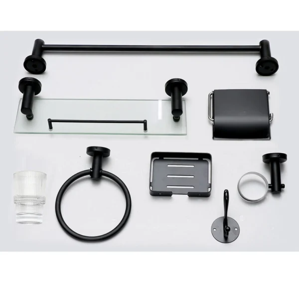 Premium 7-Piece Bathroom Hardware Accessory Set | Matte Black Stainless Steel Wall-Mounted Set with 40cm Floating Glass Shelf