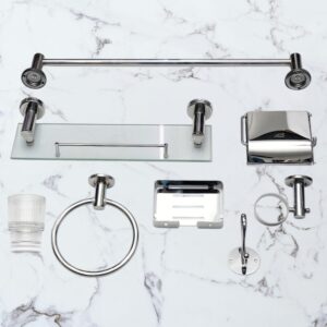 N223M – 7pc- Bathroom Set With 40cm Glass Shelf-mirror 2 Premium 7-Piece Bathroom Hardware Accessory Set | Mirror-Chrome Stainless Steel Wall-Mounted Set with 40cm Floating Glass Shelf