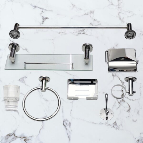 N223M – 7pc- Bathroom Set With 40cm Glass Shelf-mirror 2 Premium 7-Piece Bathroom Hardware Accessory Set | Mirror-Chrome Stainless Steel Wall-Mounted Set with 40cm Floating Glass Shelf