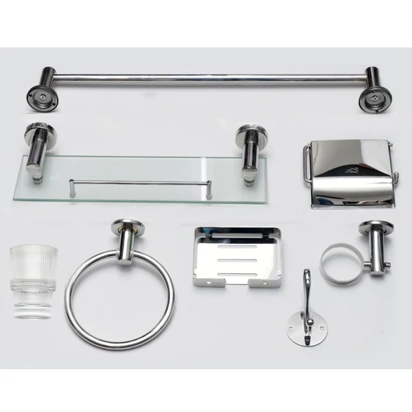 N223M – 7pc- Bathroom Set With 40cm Glass Shelf-mirror Premium 7-Piece Bathroom Hardware Accessory Set | Mirror-Chrome Stainless Steel Wall-Mounted Set with 40cm Floating Glass Shelf