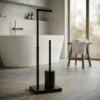 Tissue Holder Stand | 2-in-1 Freestanding Station with Concealed Toilet Brush – Matte Black