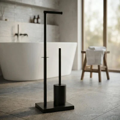 Tissue Holder Stand | 2-in-1 Freestanding Station with Concealed Toilet Brush – Matte Black