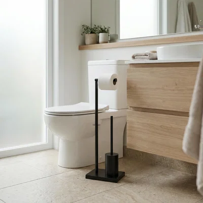 Tissue Holder Stand | 2-in-1 Freestanding Station with Concealed Toilet Brush – Matte Black