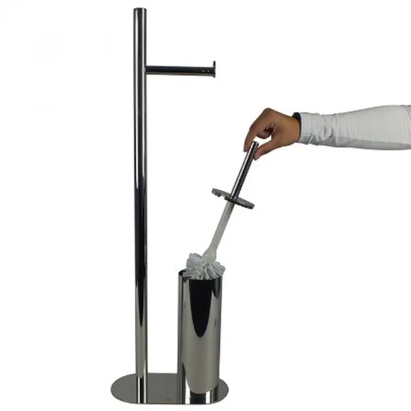 Tissue Holder Stand | 2-in-1 Floor Station with Concealed Toilet Brush – Mirror Finish