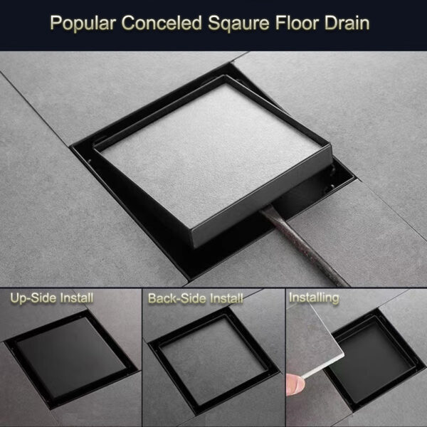 Floor Drain | 15cm x 15cm Square Black Stainless Steel Drain with Anti-Backflow Mechanism