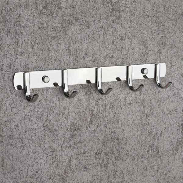 N037 ( GGH-009 , 5 Hooks Bar ) 14 Polished Stainless Steel 5-Hook Storage Rail | Multi-Purpose Wall-Mounted Hook Bar