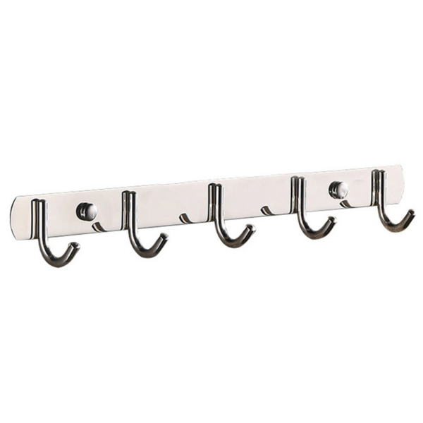 N037 ( GGH-009 , 5 Hooks Bar ) 7 Polished Stainless Steel 5-Hook Storage Rail | Multi-Purpose Wall-Mounted Hook Bar