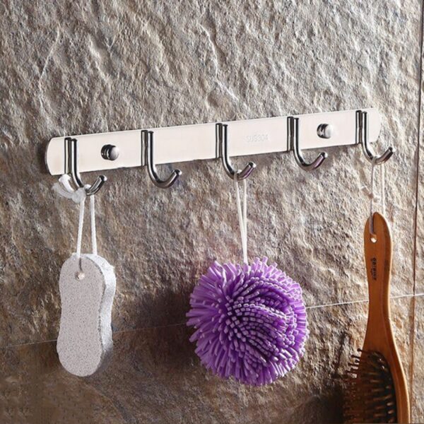 N037 ( GGH-009 , 5 Hooks Bar ) 8 Polished Stainless Steel 5-Hook Storage Rail | Multi-Purpose Wall-Mounted Hook Bar