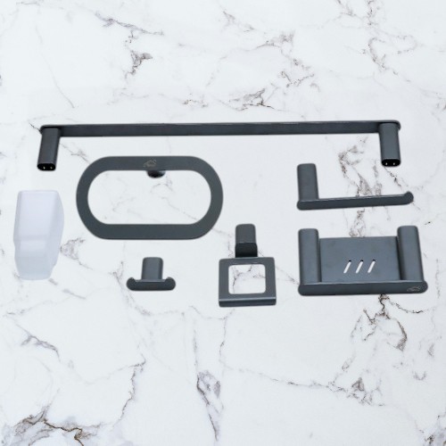 N053GG – Premium 6 piece Bathroom Set Gun Grey 2 Premium 6-Piece Bathroom Accessory Set | Heavy-Duty Matte Gun Grey Hardware Kit with Race-Track Oval Profiles