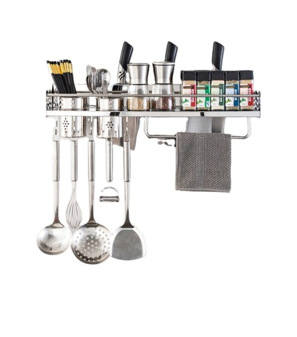N067 ( D1509 – Kitchen Tool Organizer with Double Cups 60cm ) 2 Premium Wall-Mounted Kitchen Tool Organizer | 60cm Stainless Steel Storage Rack with Double Cutlery Cups & Towel Bar