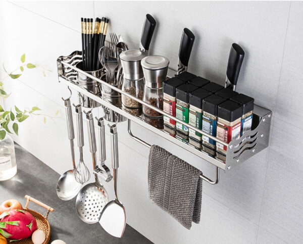 N067 ( D1509 – Kitchen Tool Organizer with Double Cups 60cm ) 3 Premium Wall-Mounted Kitchen Tool Organizer | 60cm Stainless Steel Storage Rack with Double Cutlery Cups & Towel Bar
