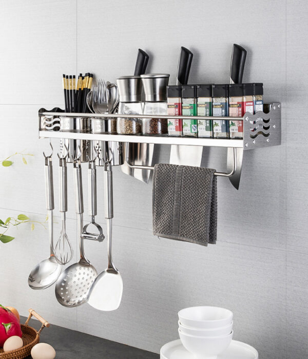 N067 ( D1509 – Kitchen Tool Organizer with Double Cups 60cm ) 4 Premium Wall-Mounted Kitchen Tool Organizer | 60cm Stainless Steel Storage Rack with Double Cutlery Cups & Towel Bar