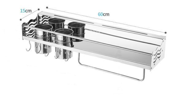N067 ( D1509 – Kitchen Tool Organizer with Double Cups 60cm ) 6 Premium Wall-Mounted Kitchen Tool Organizer | 60cm Stainless Steel Storage Rack with Double Cutlery Cups & Towel Bar