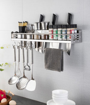 Premium Wall-Mounted Kitchen Tool Organizer | 60cm Stainless Steel Storage Rack with Double Cutlery Cups & Towel Bar