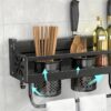 Premium Wall-Mounted Kitchen Organizer | 60cm Matte Black Storage Rack with Double Cutlery Cups & Towel Bar