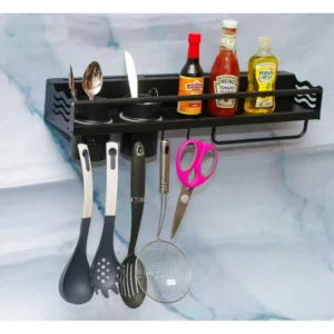 N067B – Kitchen Organizer with Double Cup 60cm – Black Premium Wall-Mounted Kitchen Organizer | 60cm Matte Black Storage Rack with Double Cutlery Cups & Towel Bar