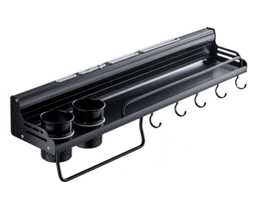 Premium Wall-Mounted Kitchen Organizer | 60cm Matte Black Storage Rack with Double Cutlery Cups & Towel Bar