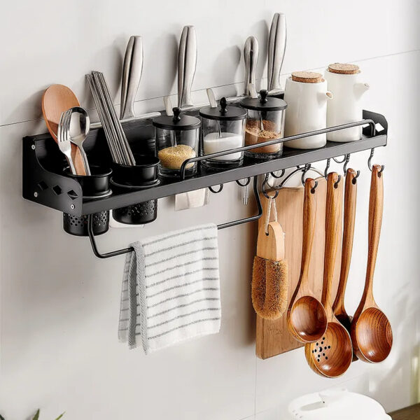Premium Wall-Mounted Kitchen Organizer | 60cm Matte Black Storage Rack with Double Cutlery Cups & Towel Bar