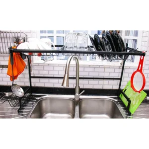 N264 – Kitchen Rack for Double Bowl Sink ( 85 x 65cm ) – Black Over-the-Sink Kitchen Storage and Dish Drying Workstation | Matte Black Stainless Steel Organizer Rack for Double Bowl Sinks (85 x 65cm)