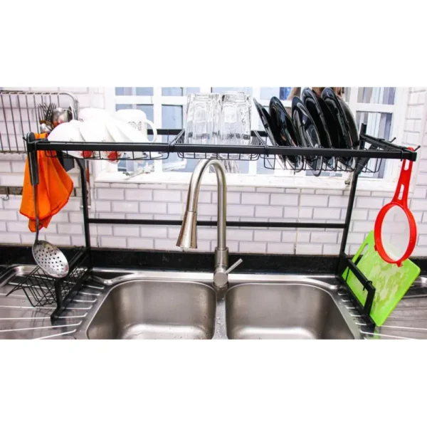 N264 – Kitchen Rack for Double Bowl Sink ( 85 x 65cm ) – Black Over-the-Sink Kitchen Storage and Dish Drying Workstation | Matte Black Stainless Steel Organizer Rack for Double Bowl Sinks (85 x 65cm)