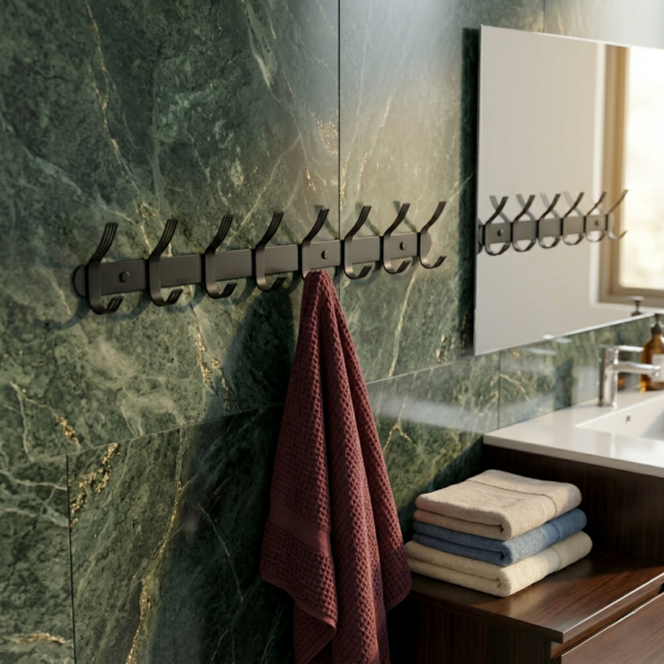 Premium Wall-Mounted Multi-Purpose Slotted Hook Bar | Heavy-Duty Matte Black Stainless Steel 8-Hook Storage Rail