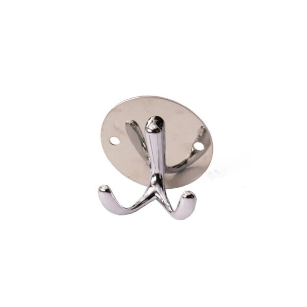 N040 – ( K1022 – Round Plate Double Hook ) Heavy-Duty Dual-Prong Robe & Towel Hook | Classic Round Base Plate Hanger with Side-by-Side Curved Arms