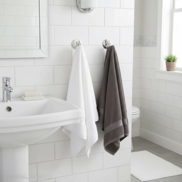 N040 – ( K1022 – Round Plate Double Hook ) 9 Heavy-Duty Dual-Prong Robe & Towel Hook | Classic Round Base Plate Hanger with Side-by-Side Curved Arms
