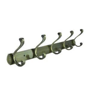 Premium Wall-Mounted 5-Hook Rail | Weathered Antique Brass Multi-Prong Robe & Towel Hanger with Decorative Contoured Prongs