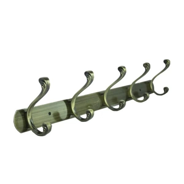 N043 – ( C027 – 5 Hooks , Double Antique Brass ) Premium Wall-Mounted 5-Hook Rail | Weathered Antique Brass Multi-Prong Robe & Towel Hanger with Decorative Contoured Prongs