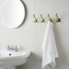 N043 – ( C027 – 5 Hooks , Double Antique Brass ) 4 Premium Wall-Mounted 5-Hook Rail | Weathered Antique Brass Multi-Prong Robe & Towel Hanger with Decorative Contoured Prongs