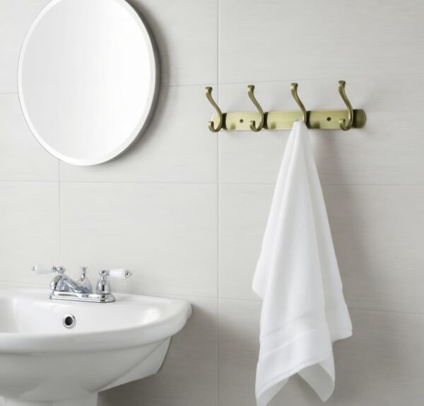 N043 – ( C027 – 5 Hooks , Double Antique Brass ) 4 Premium Wall-Mounted 5-Hook Rail | Weathered Antique Brass Multi-Prong Robe & Towel Hanger with Decorative Contoured Prongs