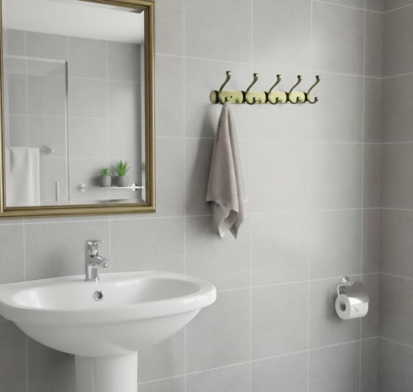 N043 – ( C027 – 5 Hooks , Double Antique Brass ) 5 Premium Wall-Mounted 5-Hook Rail | Weathered Antique Brass Multi-Prong Robe & Towel Hanger with Decorative Contoured Prongs