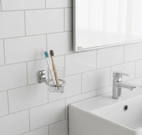 N077 ( ABS Chrome Plated Tumbler Holder ) 2 Premium Wall-Mounted ABS Tumbler Holder | Chrome-Plated Plastic Toothbrush Ring & Rinsing Glass Cup with Capsule Base Plate
