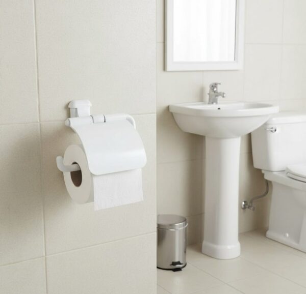 Premium Wall-Mounted ABS Toilet Paper Holder | Durable White Plastic Tissue Dispenser with Hinged Protective Flap Cover