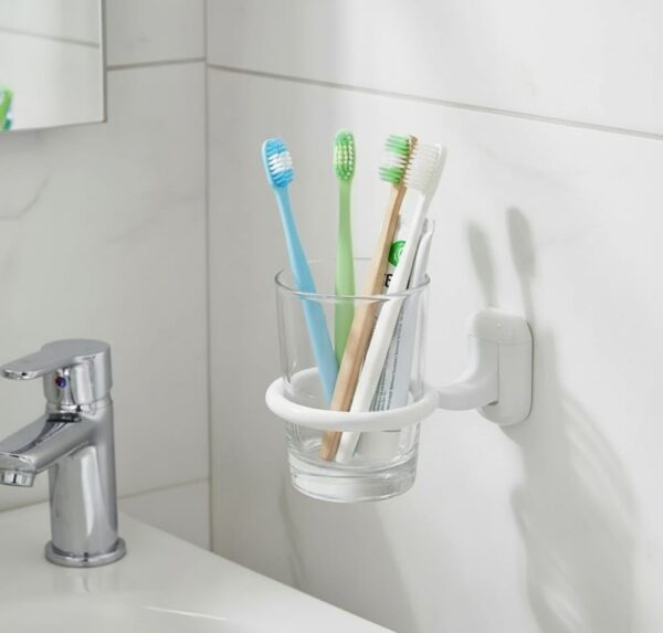 N084 ( ABS White Plastic Tumbler Holder ) 3 Premium Wall-Mounted ABS Tumbler Holder | Durable White Plastic Toothbrush Ring & Rinsing Glass Cup with Capsule Base Plate