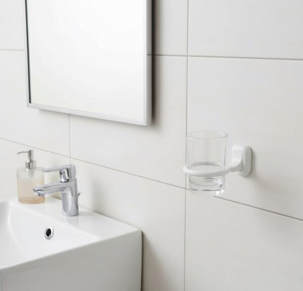 N084 ( ABS White Plastic Tumbler Holder ) 5 Premium Wall-Mounted ABS Tumbler Holder | Durable White Plastic Toothbrush Ring & Rinsing Glass Cup with Capsule Base Plate