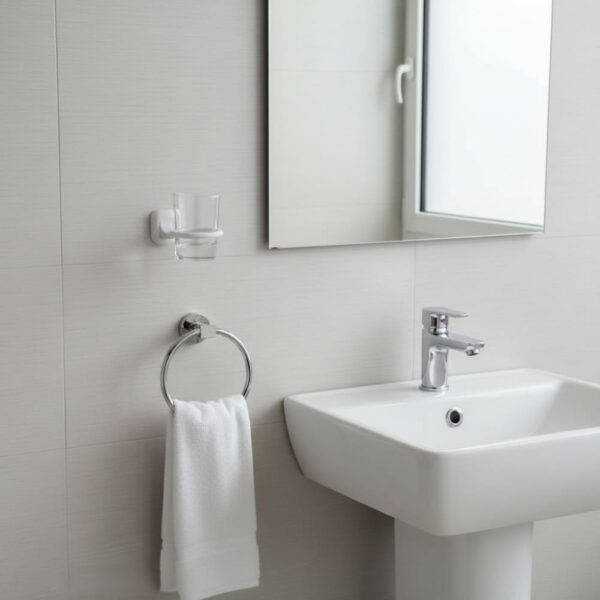 N084 ( ABS White Plastic Tumbler Holder ) 6 Premium Wall-Mounted ABS Tumbler Holder | Durable White Plastic Toothbrush Ring & Rinsing Glass Cup with Capsule Base Plate