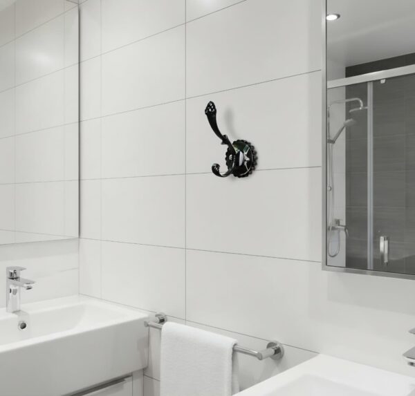 N104 – ( W68 – Single 2 Hooks with a Black Silver Plate ) Premium Wall-Mounted Fluted Plate Double Hook | Contrast Matte Black & Chrome Silver Dual Robe & Towel Hanger with Decorative Pinecone Prong Tip