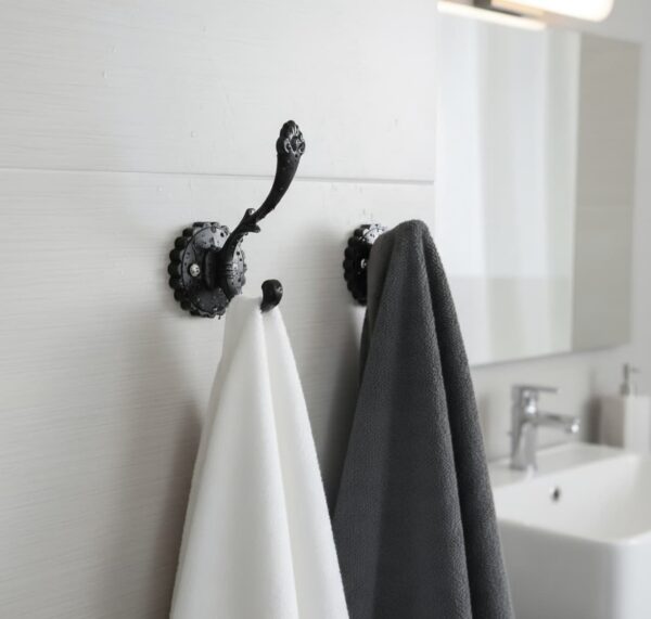 N104 – ( W68 – Single 2 Hooks with a Black Silver Plate ) 3 Premium Wall-Mounted Fluted Plate Double Hook | Contrast Matte Black & Chrome Silver Dual Robe & Towel Hanger with Decorative Pinecone Prong Tip