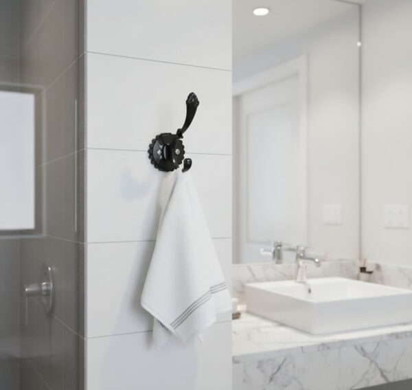 N104 – ( W68 – Single 2 Hooks with a Black Silver Plate ) 4 Premium Wall-Mounted Fluted Plate Double Hook | Contrast Matte Black & Chrome Silver Dual Robe & Towel Hanger with Decorative Pinecone Prong Tip