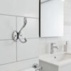 N105 – ( W68 – Single 2 Hooks with a White Silver Plate ) Premium Wall-Mounted Fluted Plate Double Hook | Mirror-Polished Chrome Silver Dual Robe & Towel Hanger with Ornate Engraved Filigree Arms & Black Plate Accent