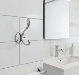 Premium Wall-Mounted Fluted Plate Double Hook | Mirror-Polished Chrome Silver Dual Robe & Towel Hanger with Ornate Engraved Filigree Arms & Black Plate Accent