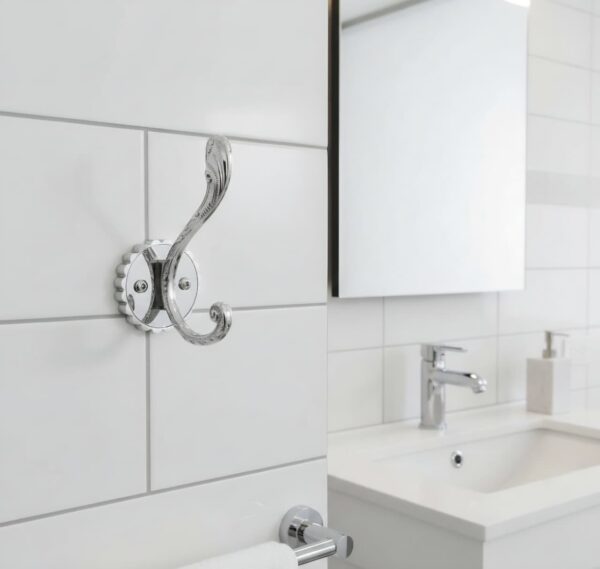 N105 – ( W68 – Single 2 Hooks with a White Silver Plate ) Premium Wall-Mounted Fluted Plate Double Hook | Mirror-Polished Chrome Silver Dual Robe & Towel Hanger with Ornate Engraved Filigree Arms & Black Plate Accent