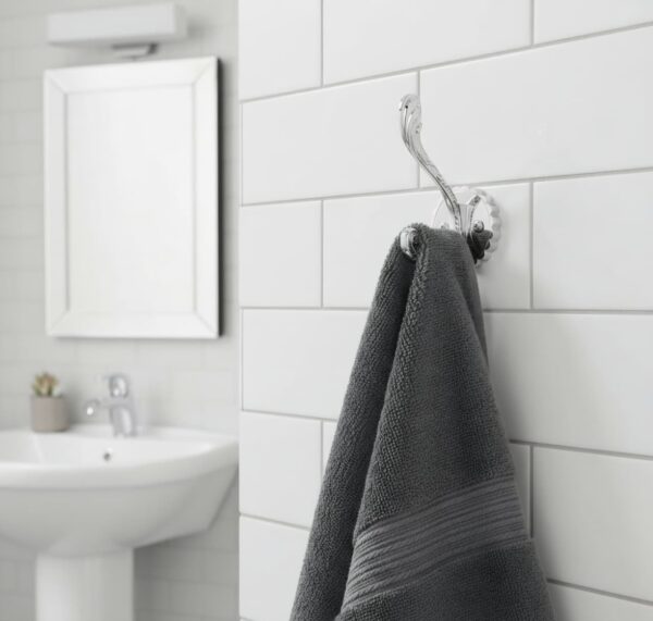 N105 – ( W68 – Single 2 Hooks with a White Silver Plate ) 2 Premium Wall-Mounted Fluted Plate Double Hook | Mirror-Polished Chrome Silver Dual Robe & Towel Hanger with Ornate Engraved Filigree Arms & Black Plate Accent