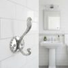 N105 – ( W68 – Single 2 Hooks with a White Silver Plate ) 4 Premium Wall-Mounted Fluted Plate Double Hook | Mirror-Polished Chrome Silver Dual Robe & Towel Hanger with Ornate Engraved Filigree Arms & Black Plate Accent