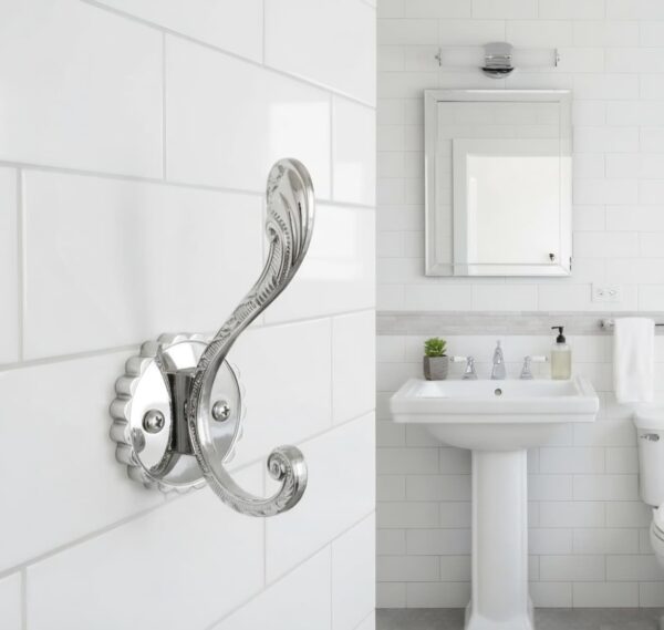 N105 – ( W68 – Single 2 Hooks with a White Silver Plate ) 4 Premium Wall-Mounted Fluted Plate Double Hook | Mirror-Polished Chrome Silver Dual Robe & Towel Hanger with Ornate Engraved Filigree Arms & Black Plate Accent