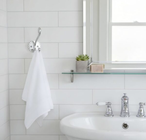 N105 – ( W68 – Single 2 Hooks with a White Silver Plate ) 5 Premium Wall-Mounted Fluted Plate Double Hook | Mirror-Polished Chrome Silver Dual Robe & Towel Hanger with Ornate Engraved Filigree Arms & Black Plate Accent