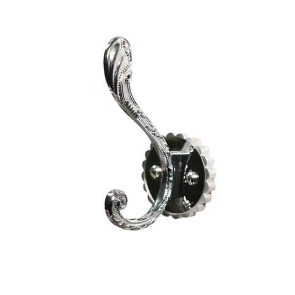 N105 – ( W68 – Single 2 Hooks with a White Silver Plate ) 6 Premium Wall-Mounted Fluted Plate Double Hook | Mirror-Polished Chrome Silver Dual Robe & Towel Hanger with Ornate Engraved Filigree Arms & Black Plate Accent